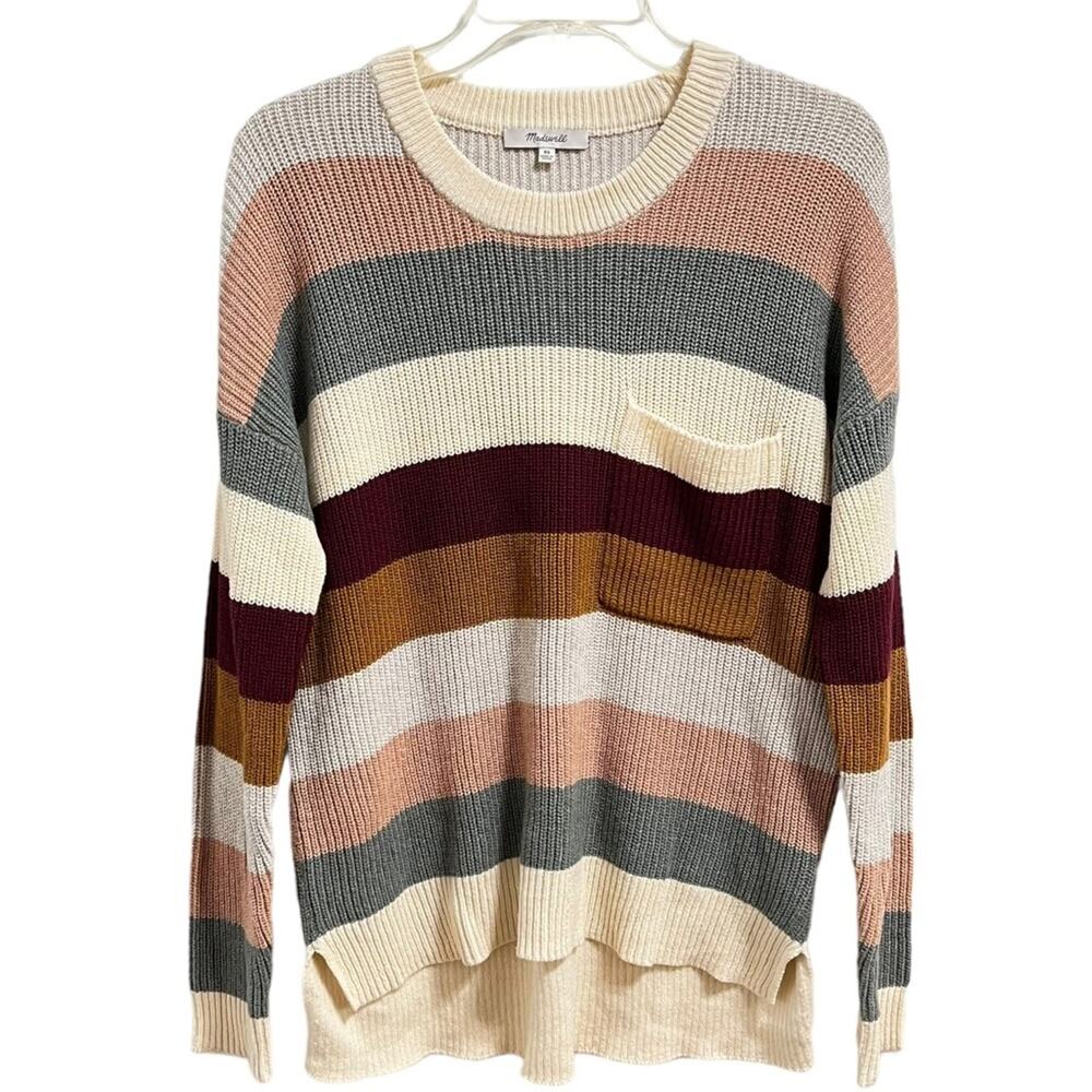 Madewell Sweater Thompson Pocket Pullover Knit in Cream Green Multi Stripe